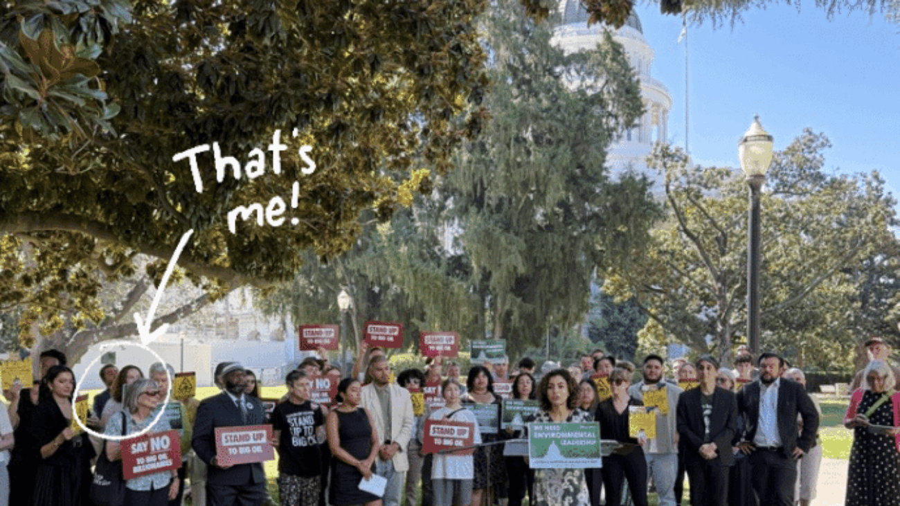 A crowd of people in front of the Sacramento Capitol building with a circled woman in the crowd and the text That's me!